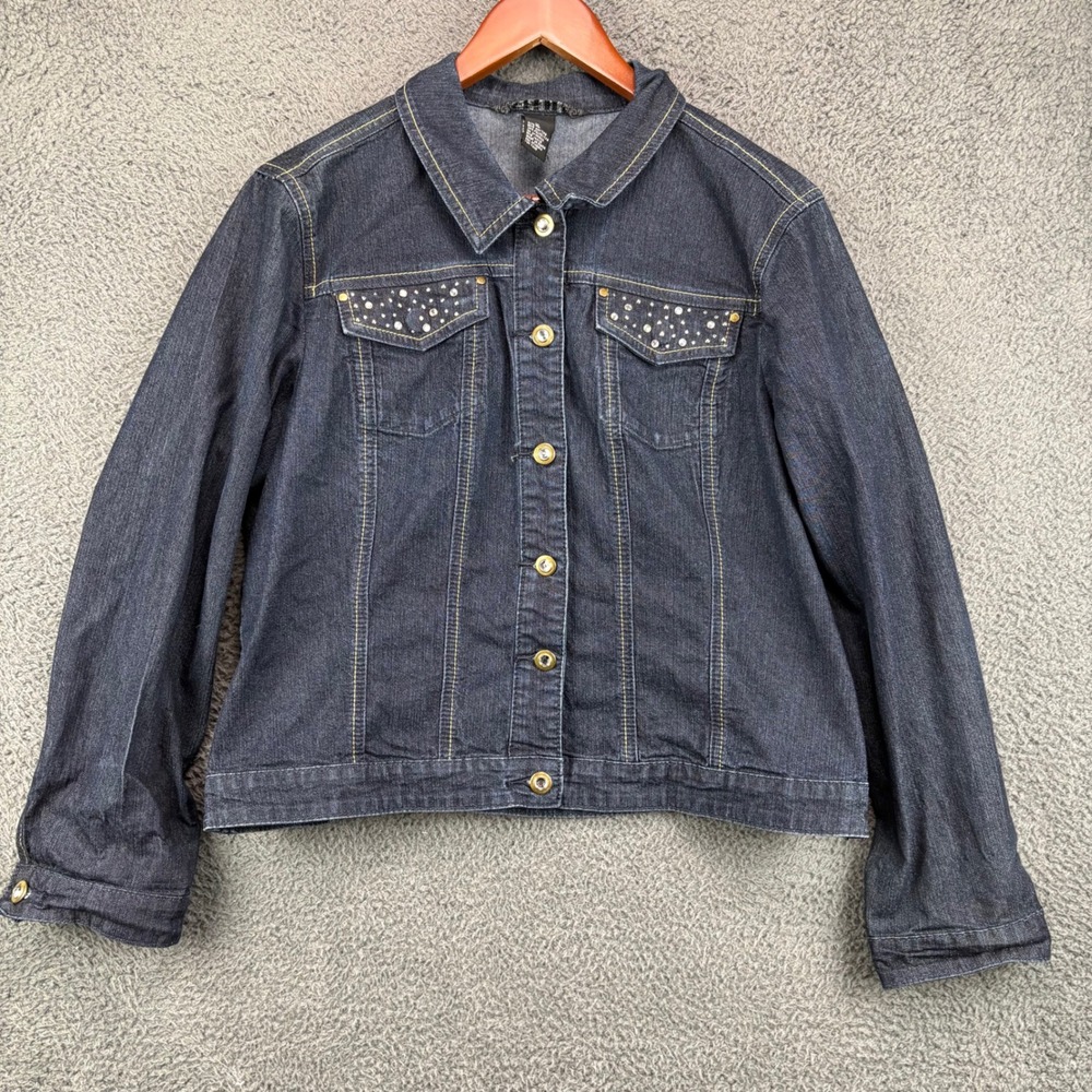Baccini Womens XL Dark Wash‎ Rhinestone Embellished Denim Jacket Indigo Stretch
